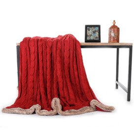 Cable Knitted Chenille Throw Blanket with Sherpa Lining for Bed Sofa Couch Decor Super Soft Cozy BTL18148-red