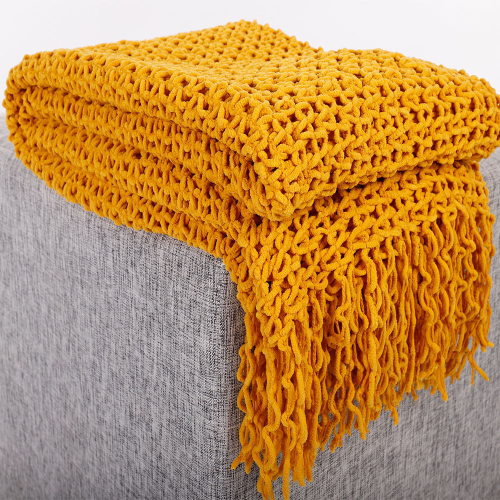 Chenille Household Decorative Openwork Knit Throw Blanket for Bedroom Sofa/Bed/Couch/Car/Living Room/Office, 51"×79" BTL18132 yellow