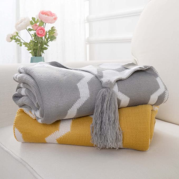 Soft Knitted Geometric Patterns with Tassel Knot Throw Blanket, Gray&White  Ogee, 50" by 60" BTL17036-Grey & White