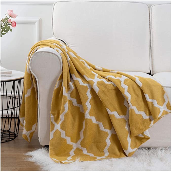 Soft Knitted Geometric Patterns with Tassel Knot   Throw Blanket, Yellow&White Ogee, 50" by 60" BTL17037-Mustard Yellow