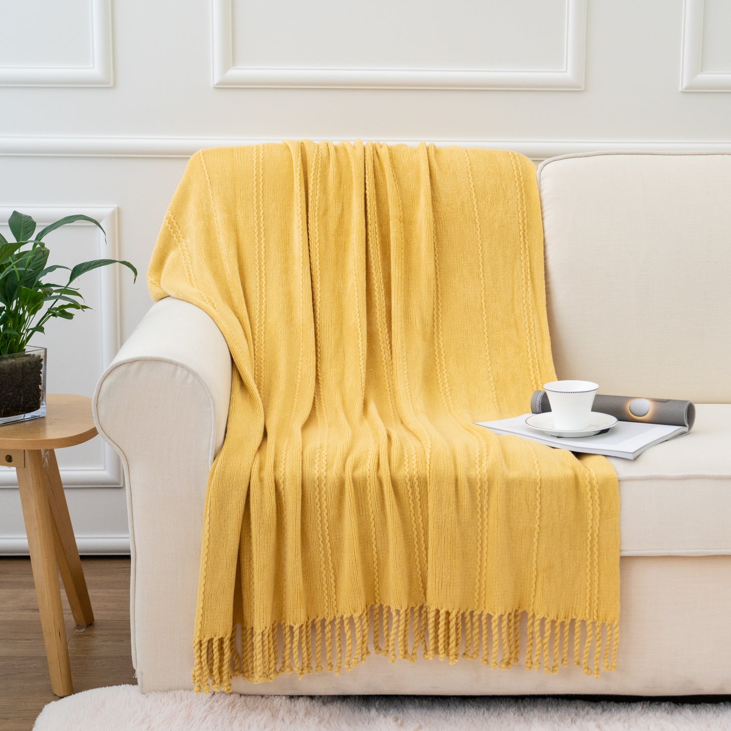 Cable Knit Woven Luxury Throw Blanket with Tassel Ends 50"x 60" (Green) BTL15019 green/blue