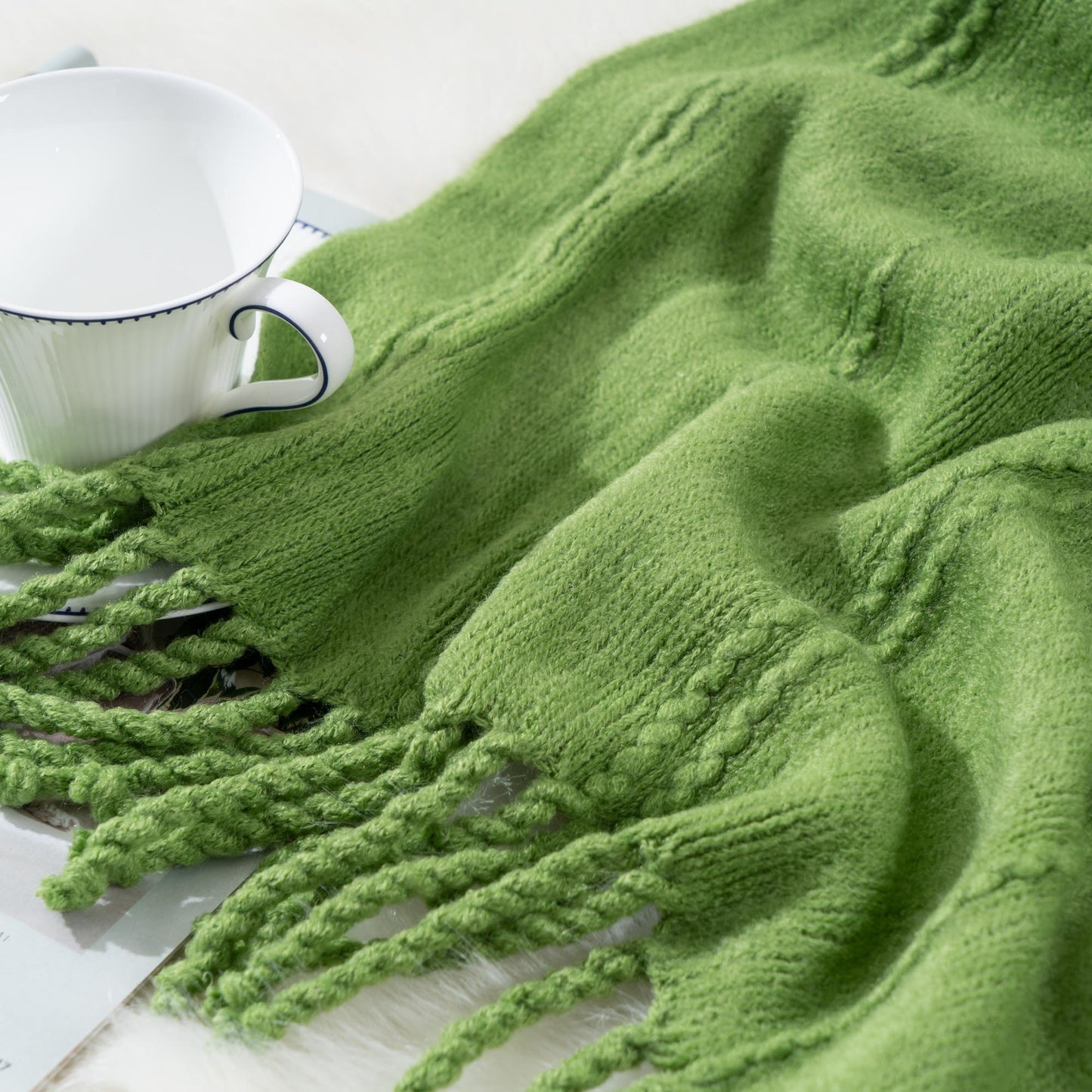 Cable Knit Woven Luxury Throw Blanket with Tassel Ends 50"x 60" (Green) BTL15019 green/blue