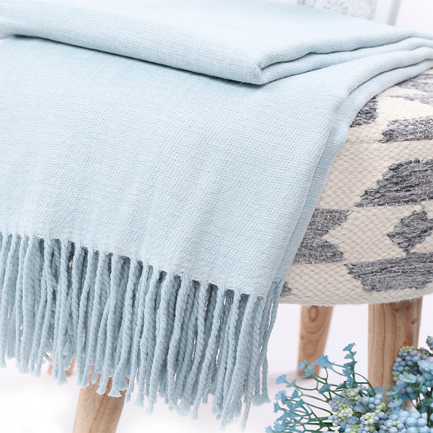 Knitted Throw Blanket Fringe Light Blue Decorative Tassel Boho Decor Woven Textured Soft Lightweight