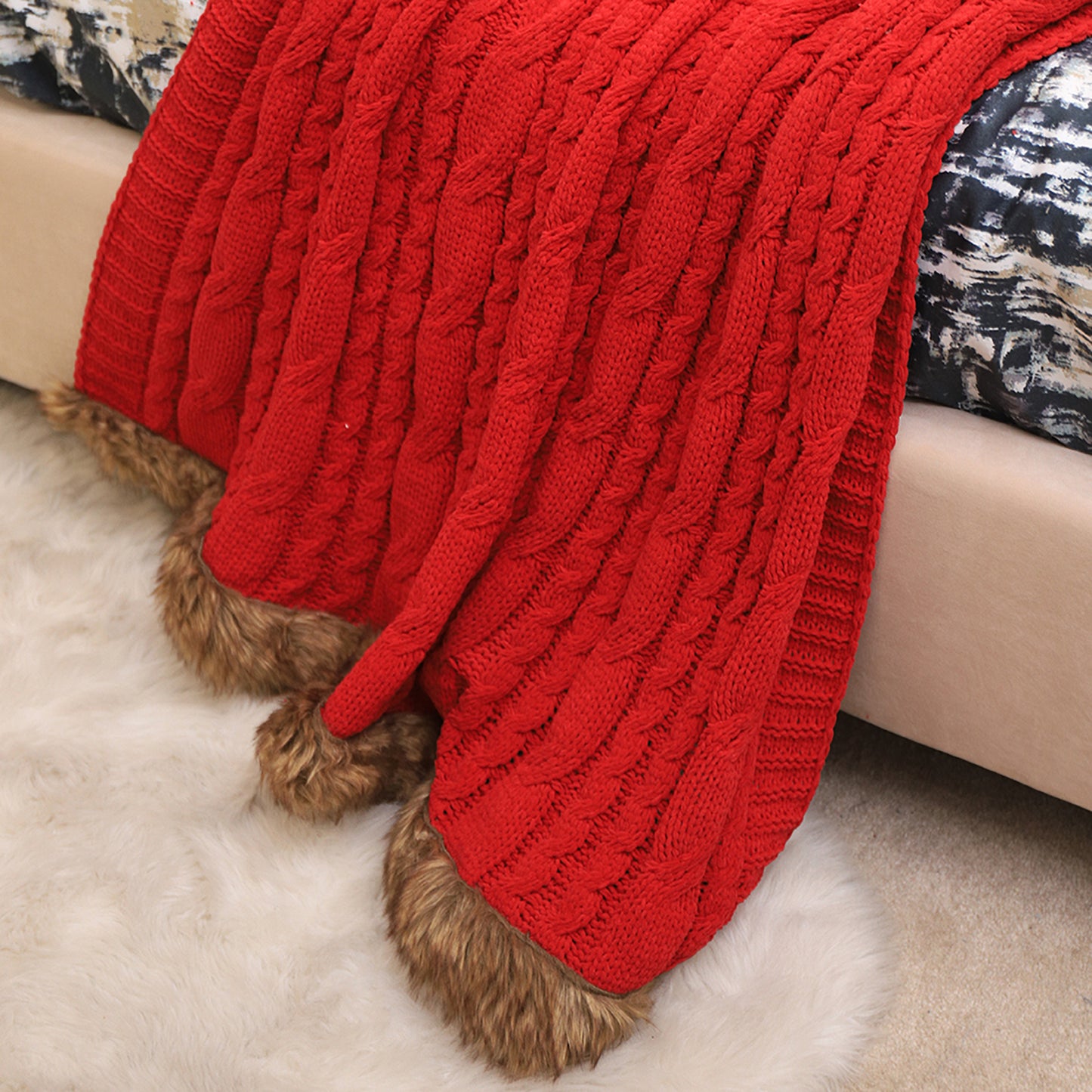 Cable Knitted Chenille Throw Blanket with Sherpa Lining for Bed Sofa Couch Decor Super Soft Cozy BTL18148-red