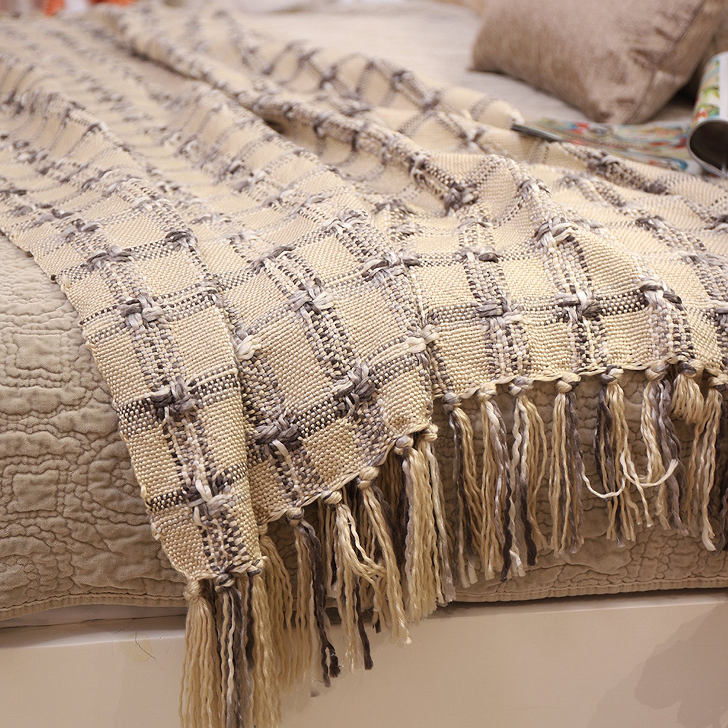 HOME Lattice Throw Blanket with Fringe Geometric Bed Beige Throws Spring Decorative Large Throw for Couch Sofa Indoor Outdoor