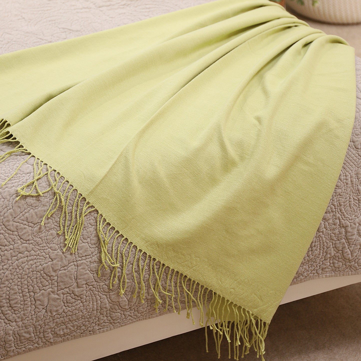 Knitted Throw Blanket Fringe Dusty Slate Grass Green Tassel Boho Decor Outdoor Woven Textured Soft Lightweight