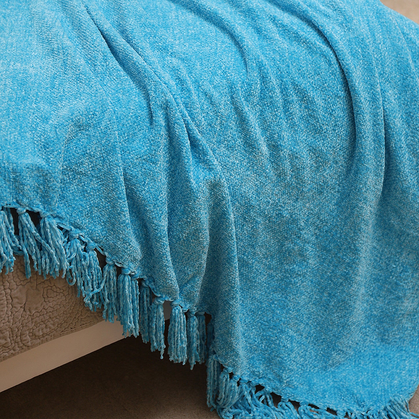 Knitted Throw Blanket Fringe Dusty Slate Light Light Blue Decorative Tassel Boho Decor Couch Bed Sofa Fall Outdoor Woven Textured Lightweight