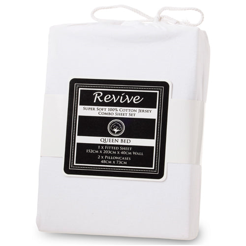 Revive Super Soft 100% Cotton Jersey Fitted Sheet Combo- White