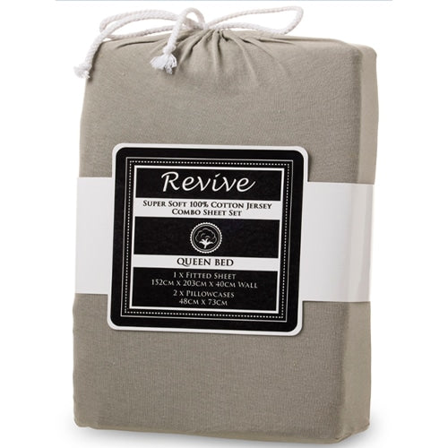Revive Super Soft 100% Cotton Jersey Fitted Sheet Combo-Silver