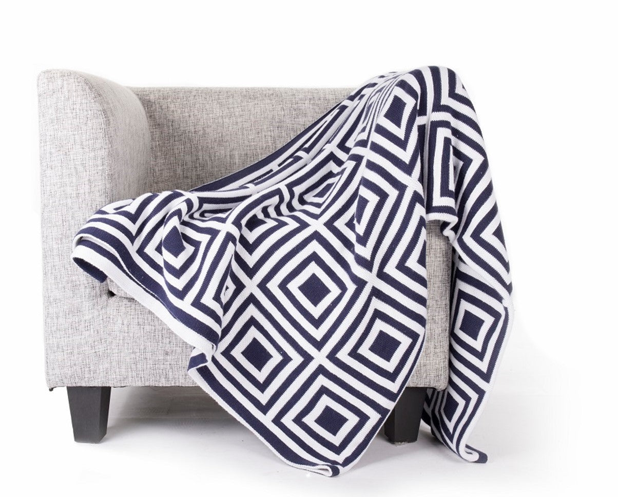 Cozy Geometric Knitted Throw Blanket,Soft Lattice Pattern Sofa Throw for Chair Couch Bed,Navy&White,50 x 70 Inches BTL18143-Navy