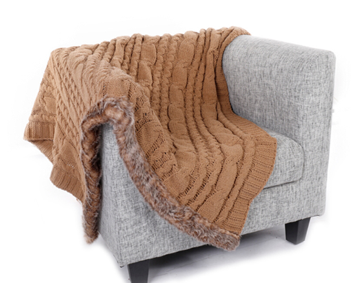 Super Soft Cozy Warm Cable Knit Chenille Throw Blanket with Faux Fur Trim for Couch and Bed, 50 x 60 inches (Khaki) BTL18158-khaki