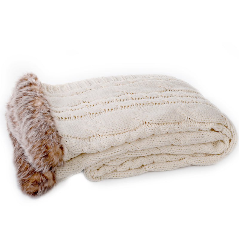 Cable Knitted Chenille Faux Fur Throw Blanket with Sherpa Lining for Bed Sofa Couch Decor Super Soft BTL18152-white