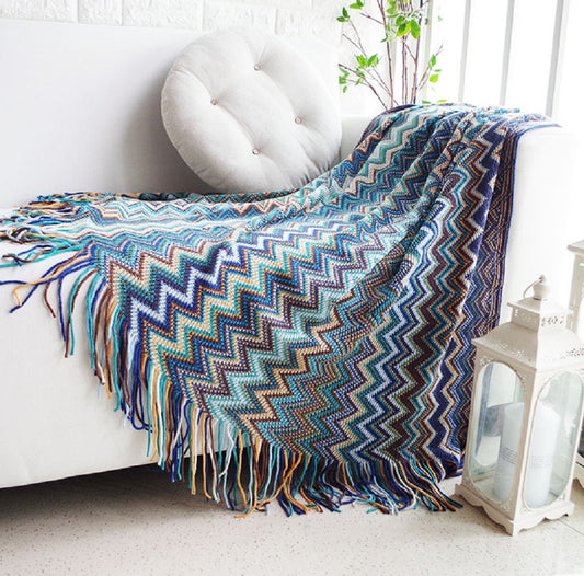 Bohemian Knit Throw Blanket with Fringe Super Soft Striped Blanket for Couch, Sofa, Bed, Chair 50" x 80" BTL15027 YELLOW/Blue