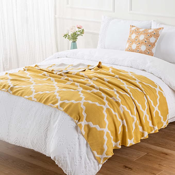 Soft Knitted Geometric Patterns with Tassel Knot   Throw Blanket, Yellow&White Ogee, 50" by 60" BTL17037-Mustard Yellow