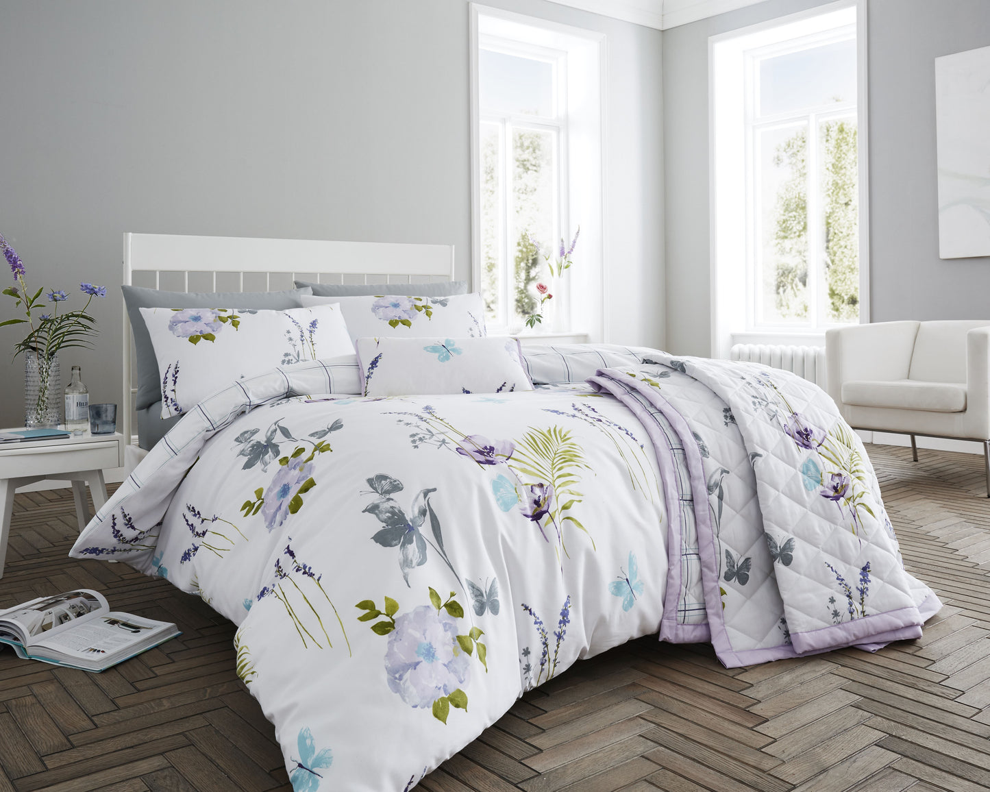 Floral Lilac - Duvet Set Reversable Printed Cotton Rich UK Designed