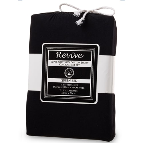 Revive Super Soft 100% Cotton Jersey Fitted Sheet Combo-Black