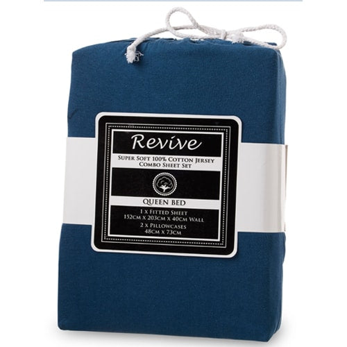 Revive Super Soft 100% Cotton Jersey Fitted Sheet Combo-Blue