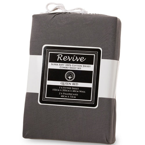 Revive Super Soft 100% Cotton Jersey Fitted Sheet Combo-Charcoal