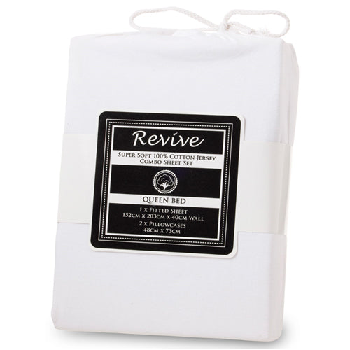 Revive Super Soft 100% Cotton Jersey Fitted Sheet Combo-  White