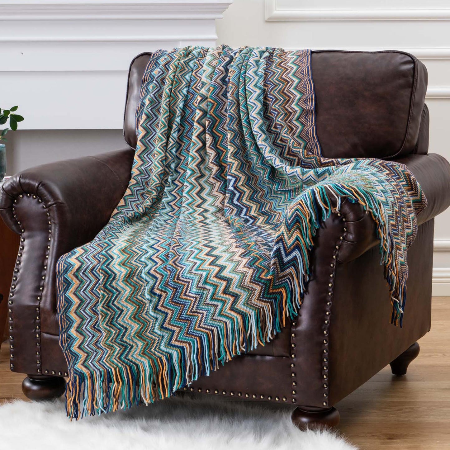 Bohemian Knit Throw Blanket with Fringe Super Soft Striped Blanket for Couch, Sofa, Bed, Chair 50" x 80" BTL15027 YELLOW/Blue