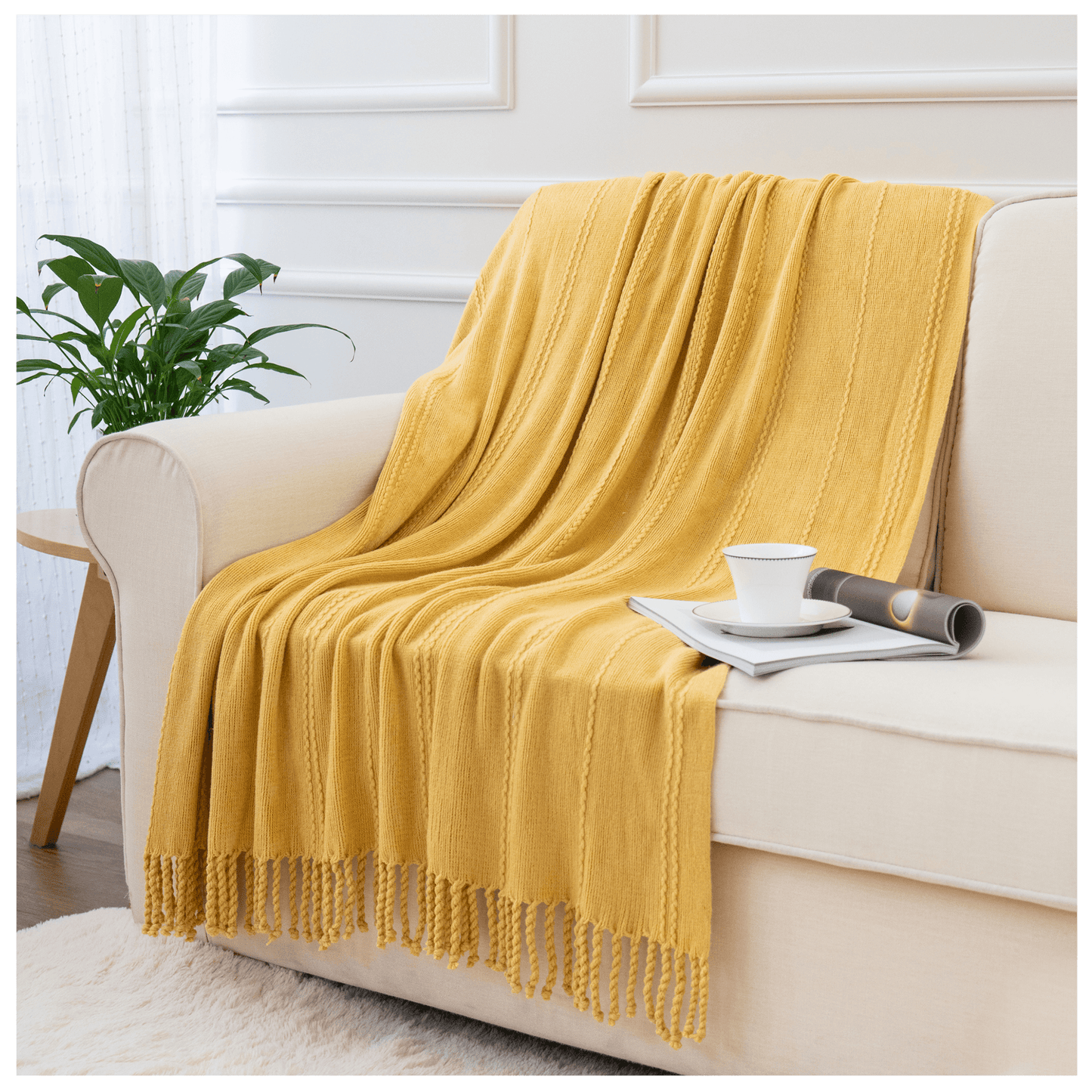 Cable Knit Woven Luxury Throw Blanket with Tassel Ends 50"x 60" (Green) BTL15019 green/blue